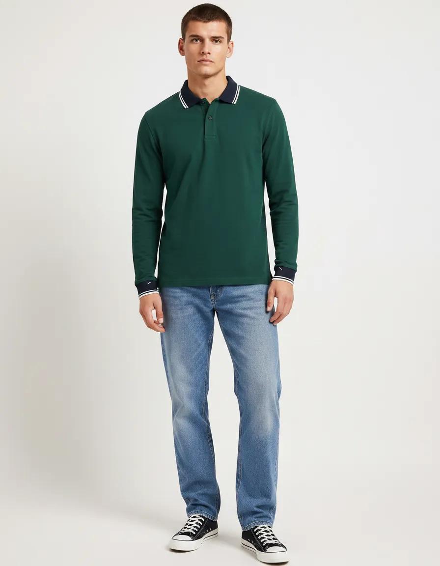 Men’s Bottle Green Full Sleeve Polo T-Shirt | Cotton Blend Lycra Stretch