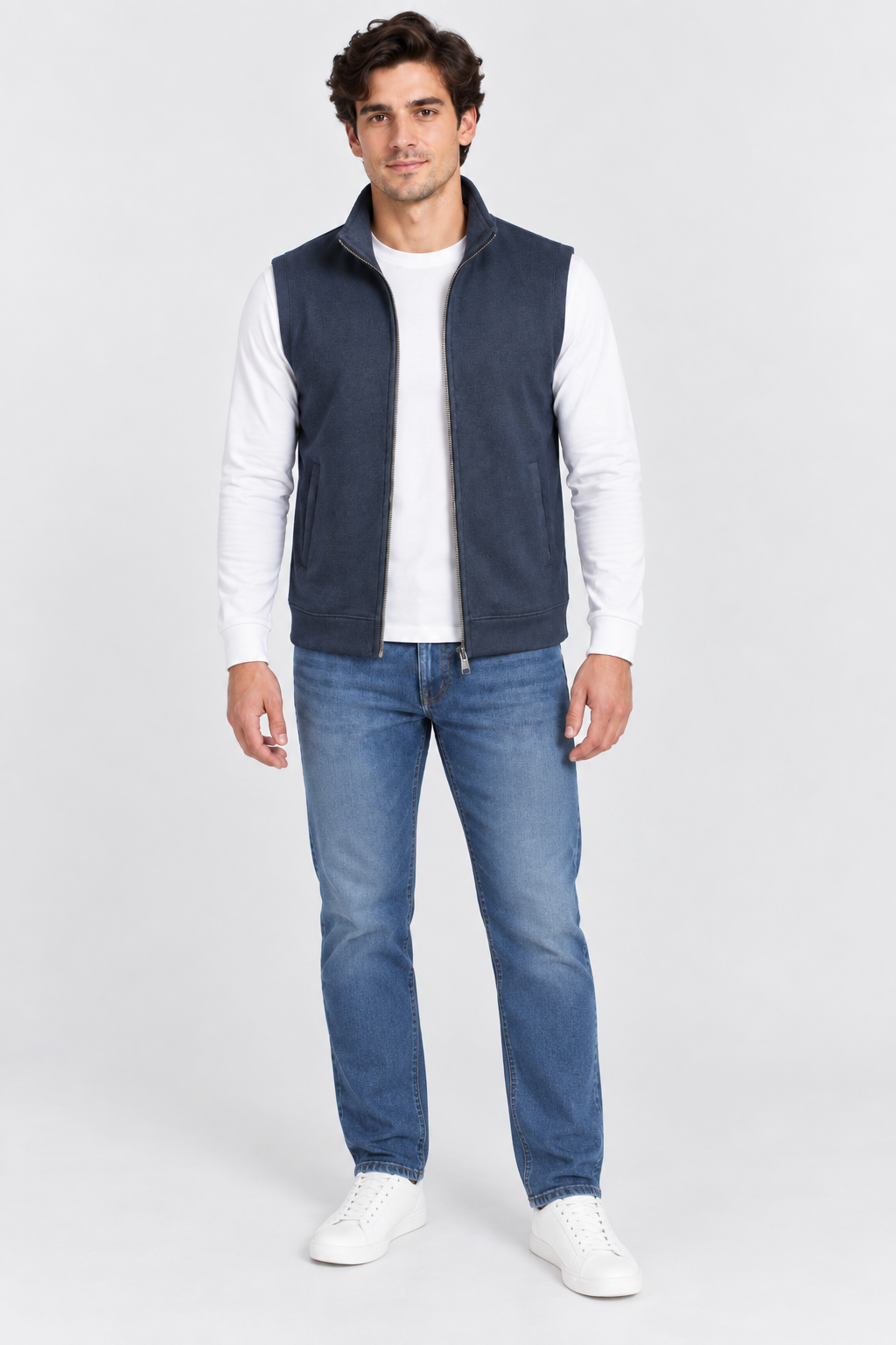 Men’s Navy German Velvet Knitted Gilet – Regular Fit Full Zip Sleeveless Jacket