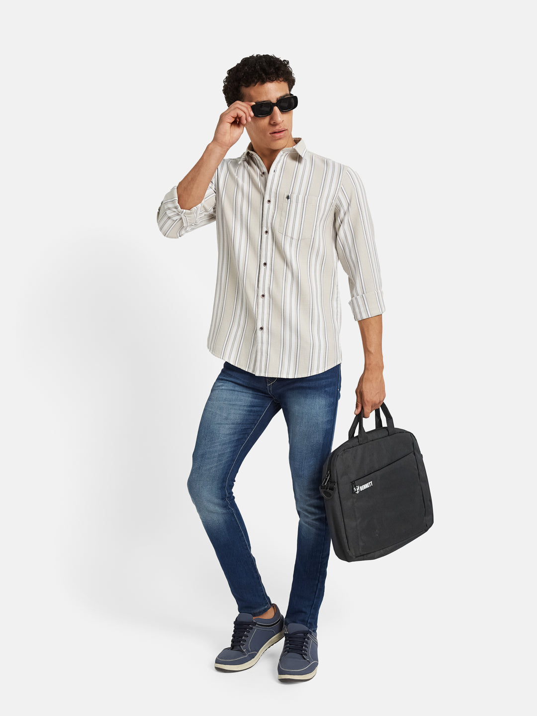 METTLE Men Vertical Striped Spread Collar Cotton Casual Shirt