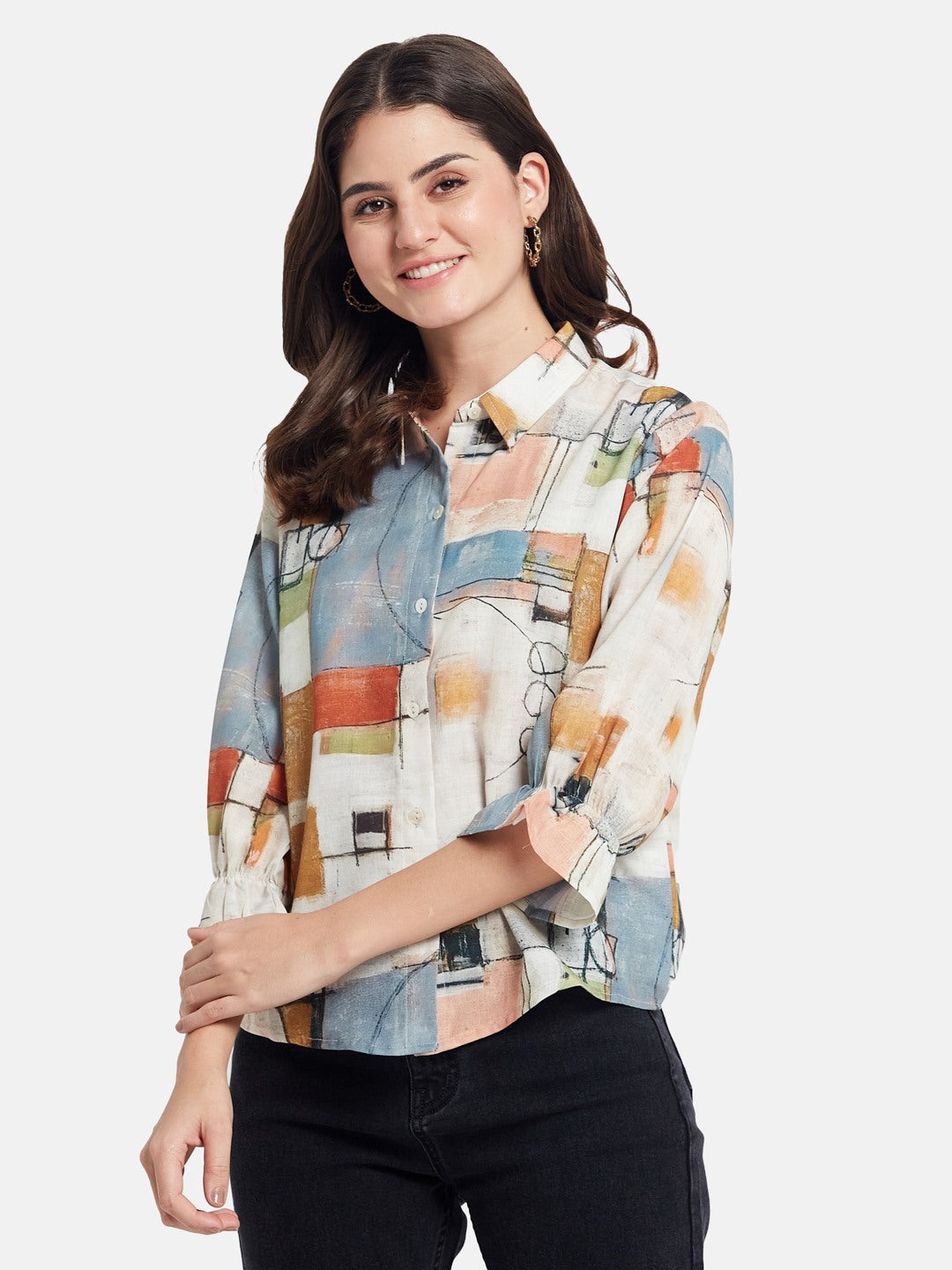 METTLE Women Abstract Printed Spread Collar Cotton Casual Shirt