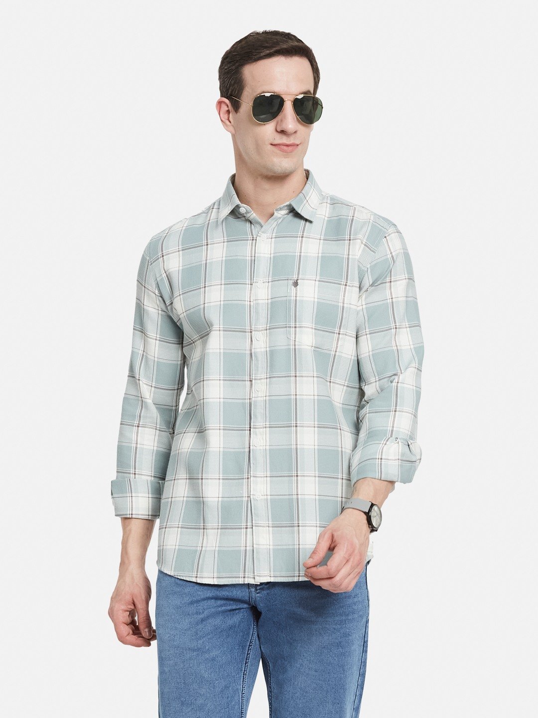 METTLE Men Spread Collar Tartan Checked Cotton Casual Shirt