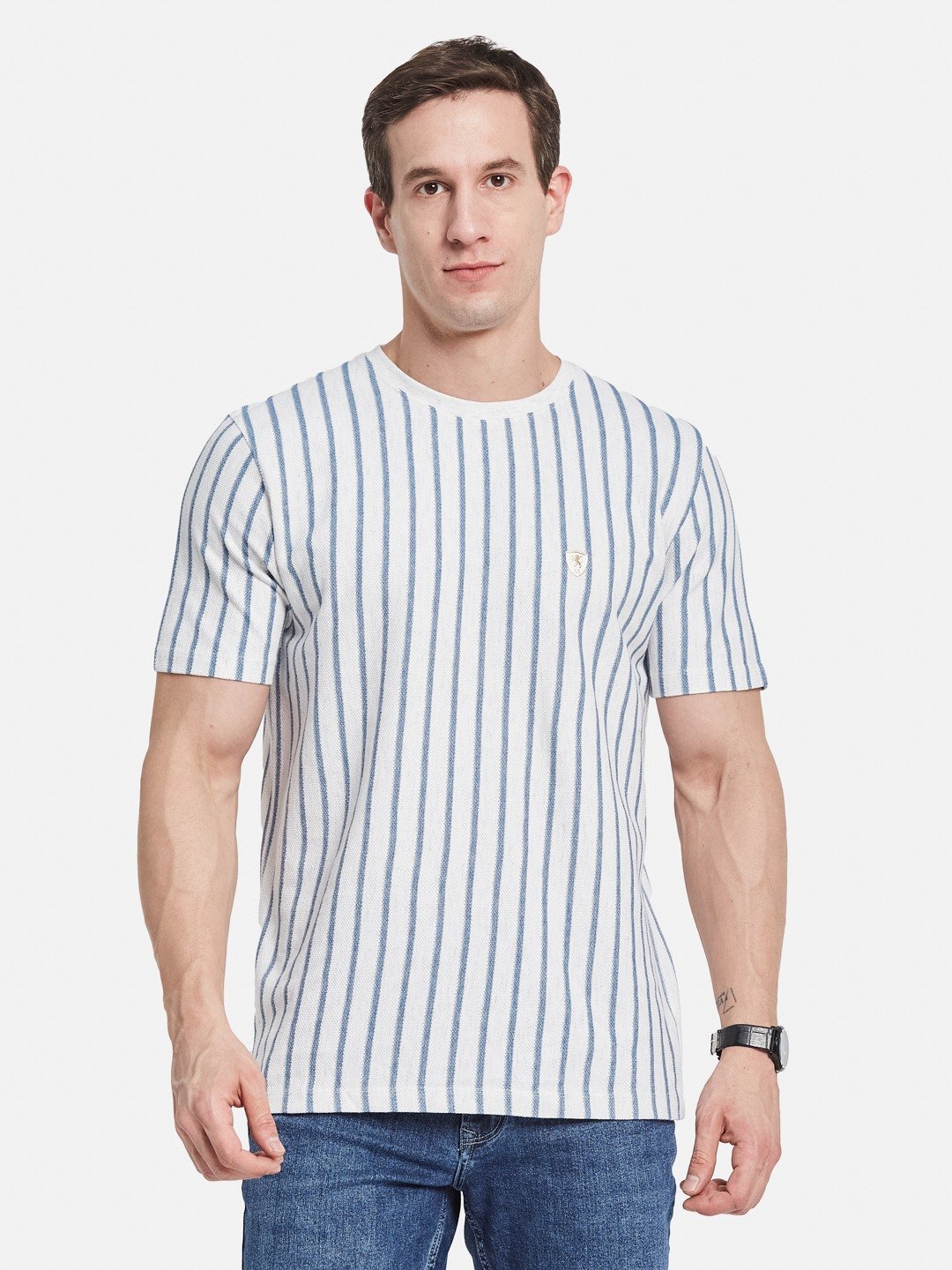 VERTICAL STRIPE ROUND NECK POPCORN KNIT  T-SHIRT