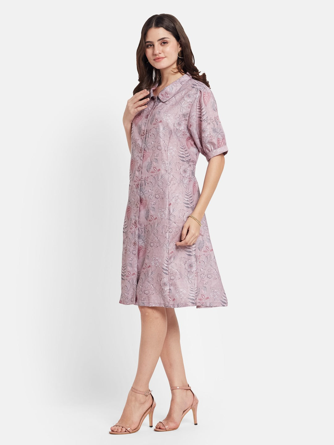 METTLE Women Floral Printed Cotton Shirt Dress