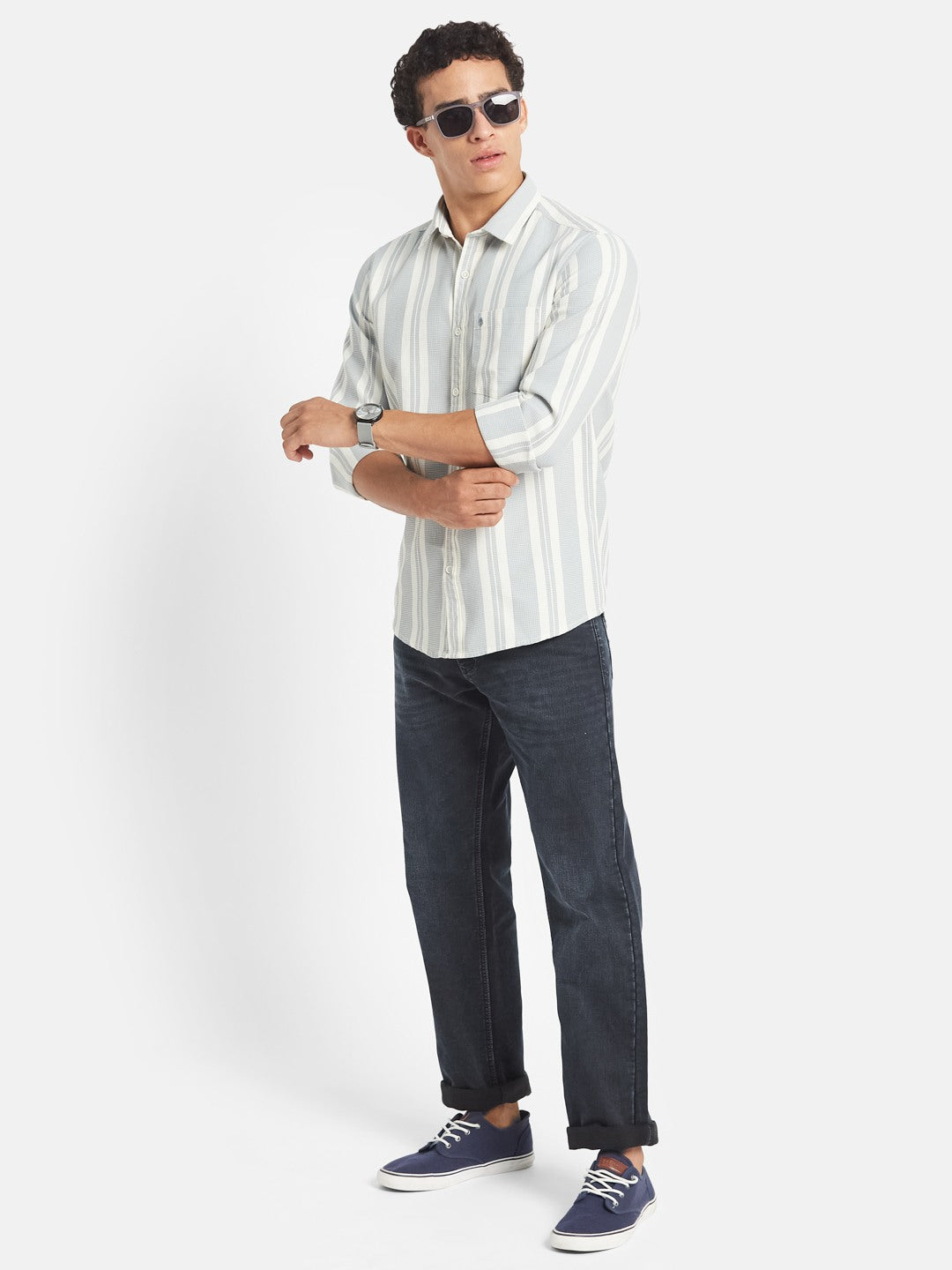 METTLE SS25 Stripped Printed Spread Collar Cotton Shirt