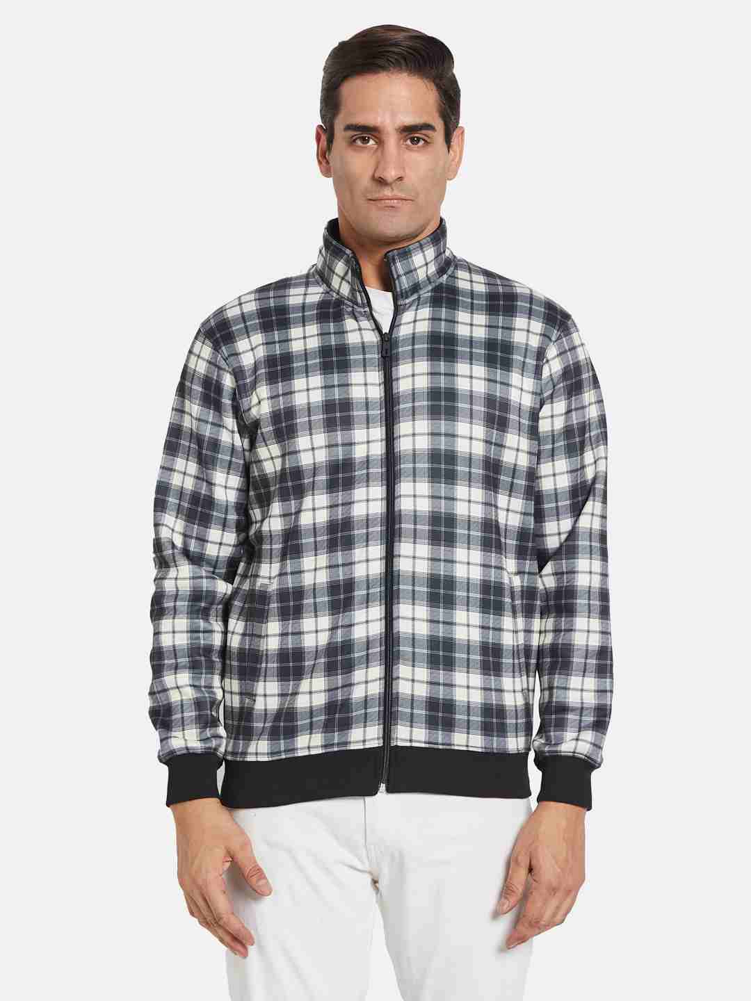 Octave Men Checked Mandarin Collar Front-Open Sweatshirt