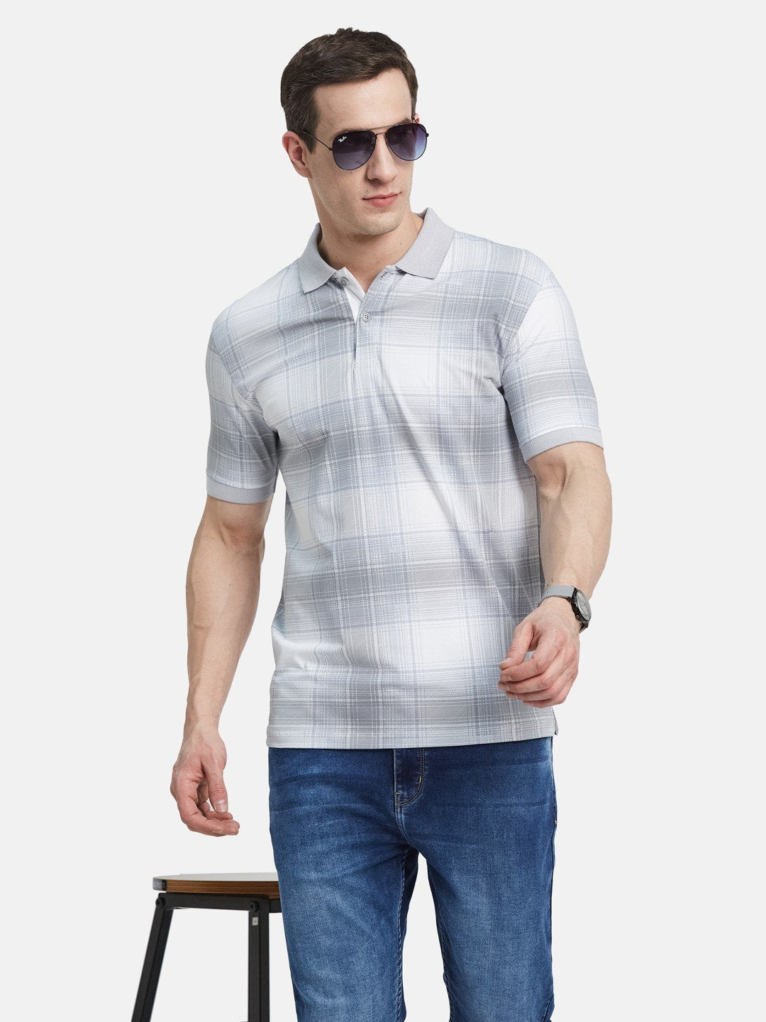 AOP CHECK PRINT POLO NECK SINGLE JERSEY KNIT T-SHIRT