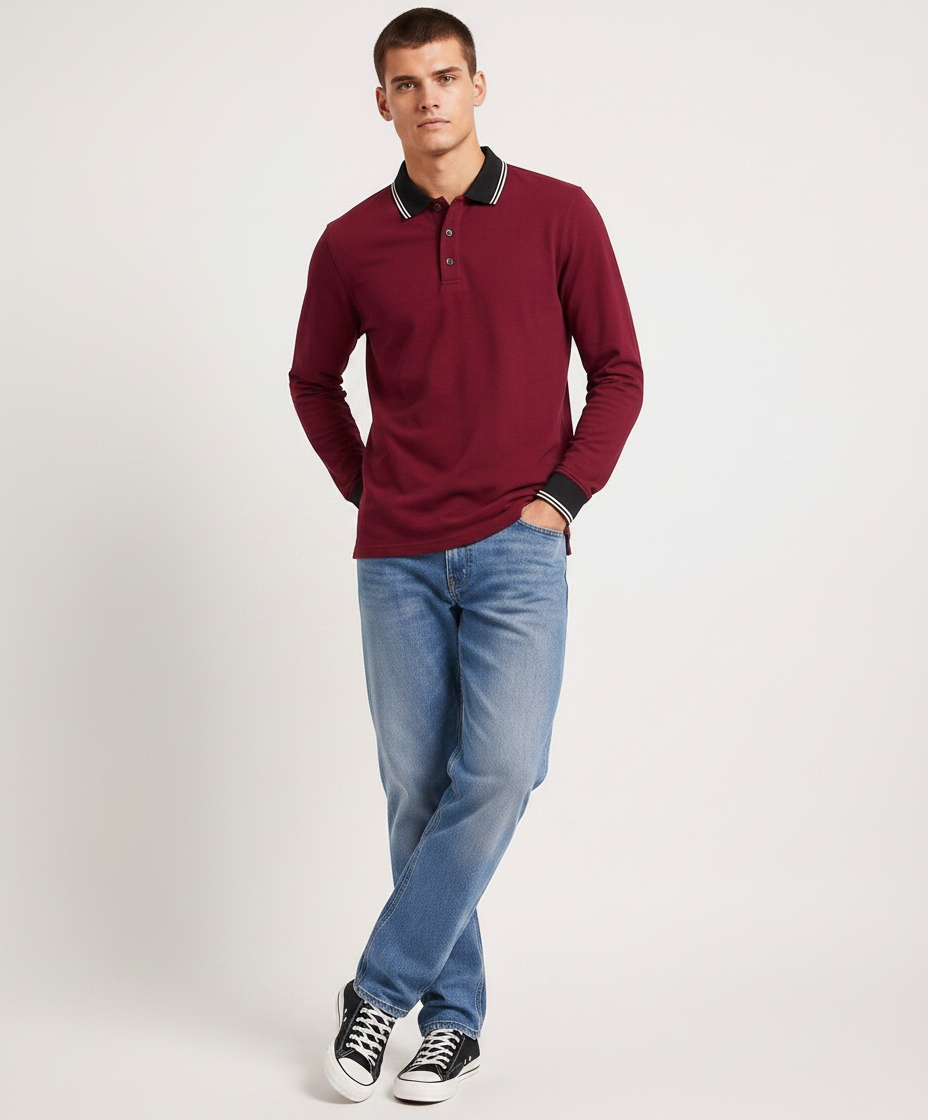 Men’s Merlot Full Sleeve Polo T-Shirt | Cotton Blend Lycra Stretch