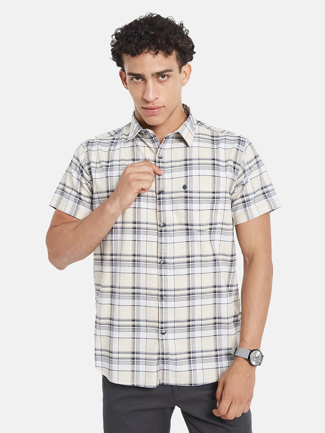 METTLE Checked Short Sleeves Spread Collar Cotton Opaque Regular Fit Casual Shirt