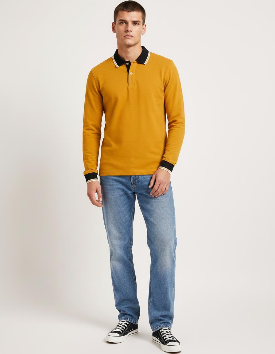Men’s Mustard Full Sleeve Polo T-Shirt – Cotton Blend Lycra Stretch | Contrast Collar