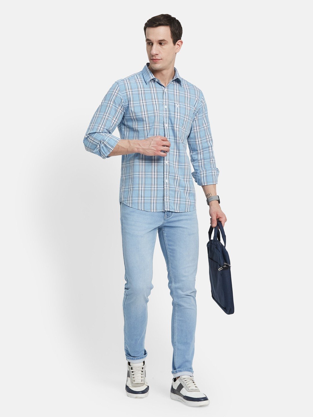 METTLE Men Spread Collar Tartan Checked Cotton Casual Shirt