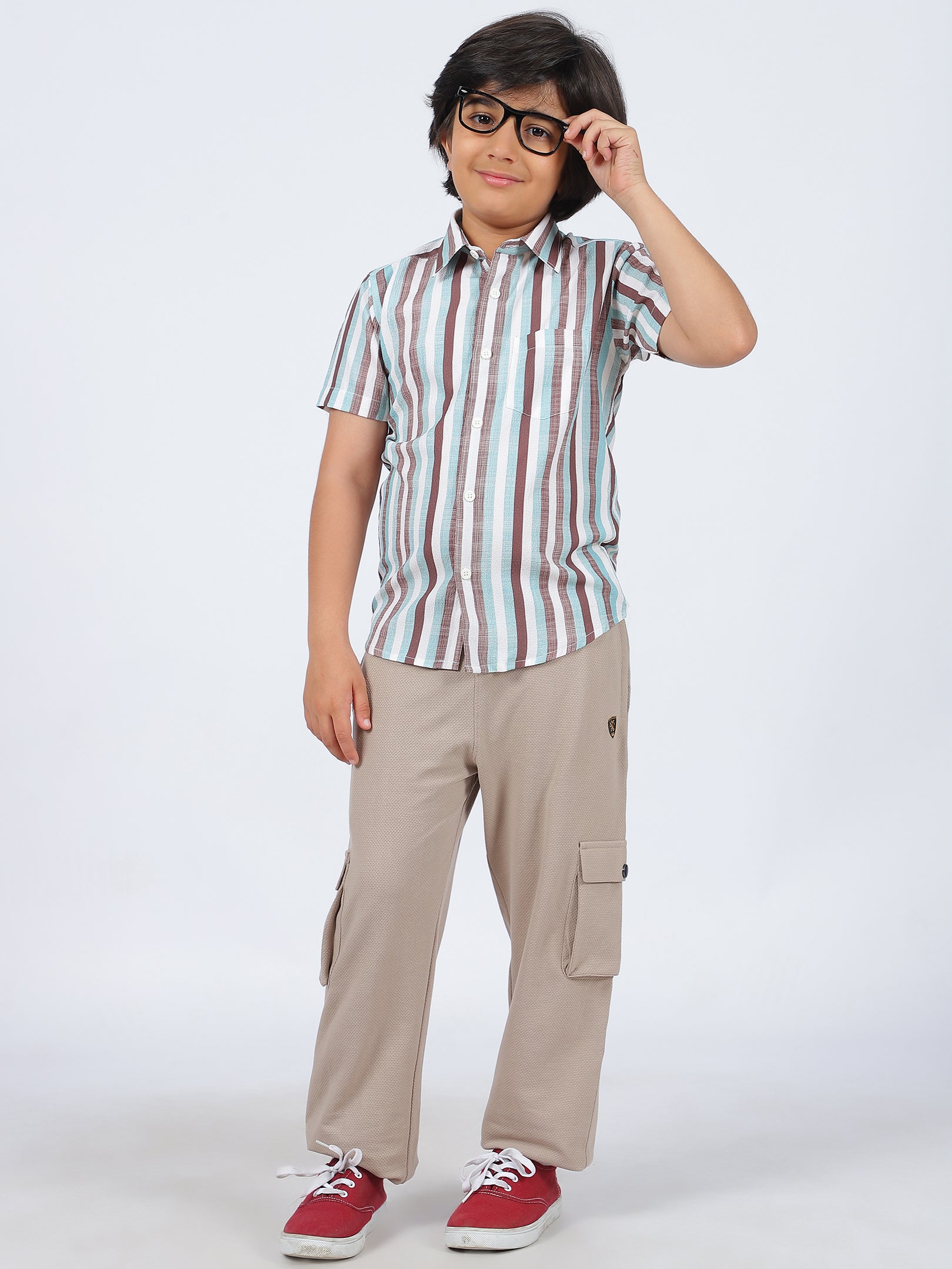 Octave Boys Multi Stripes Striped Spread Collar Short Sleeves Cotton Shirt