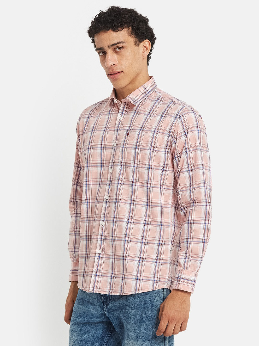 METTLE SS25 Checked Cotton Spread Collar Casual Shirt