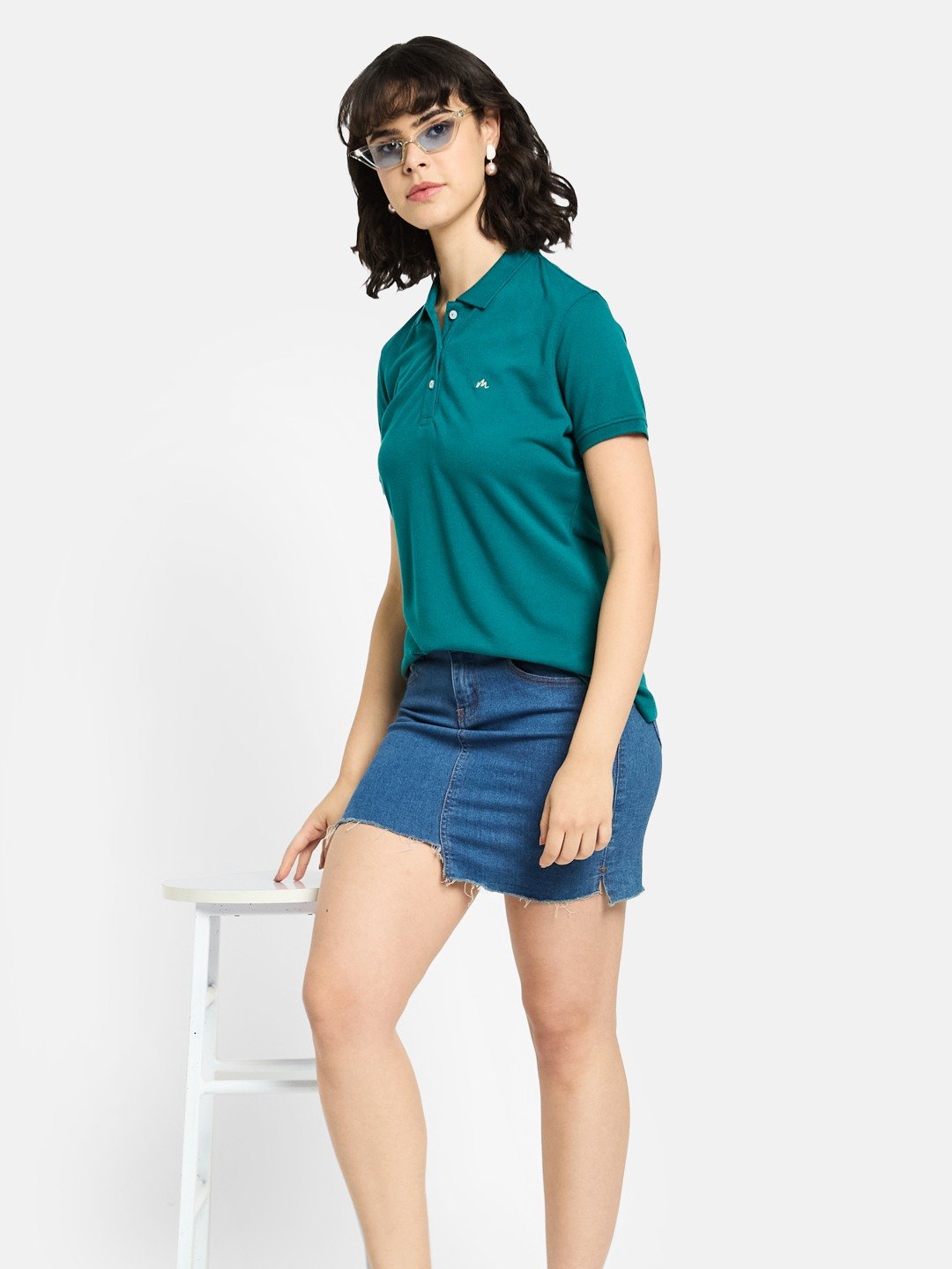 METTLE Women Solid Polo Collar Cotton T-shirt
