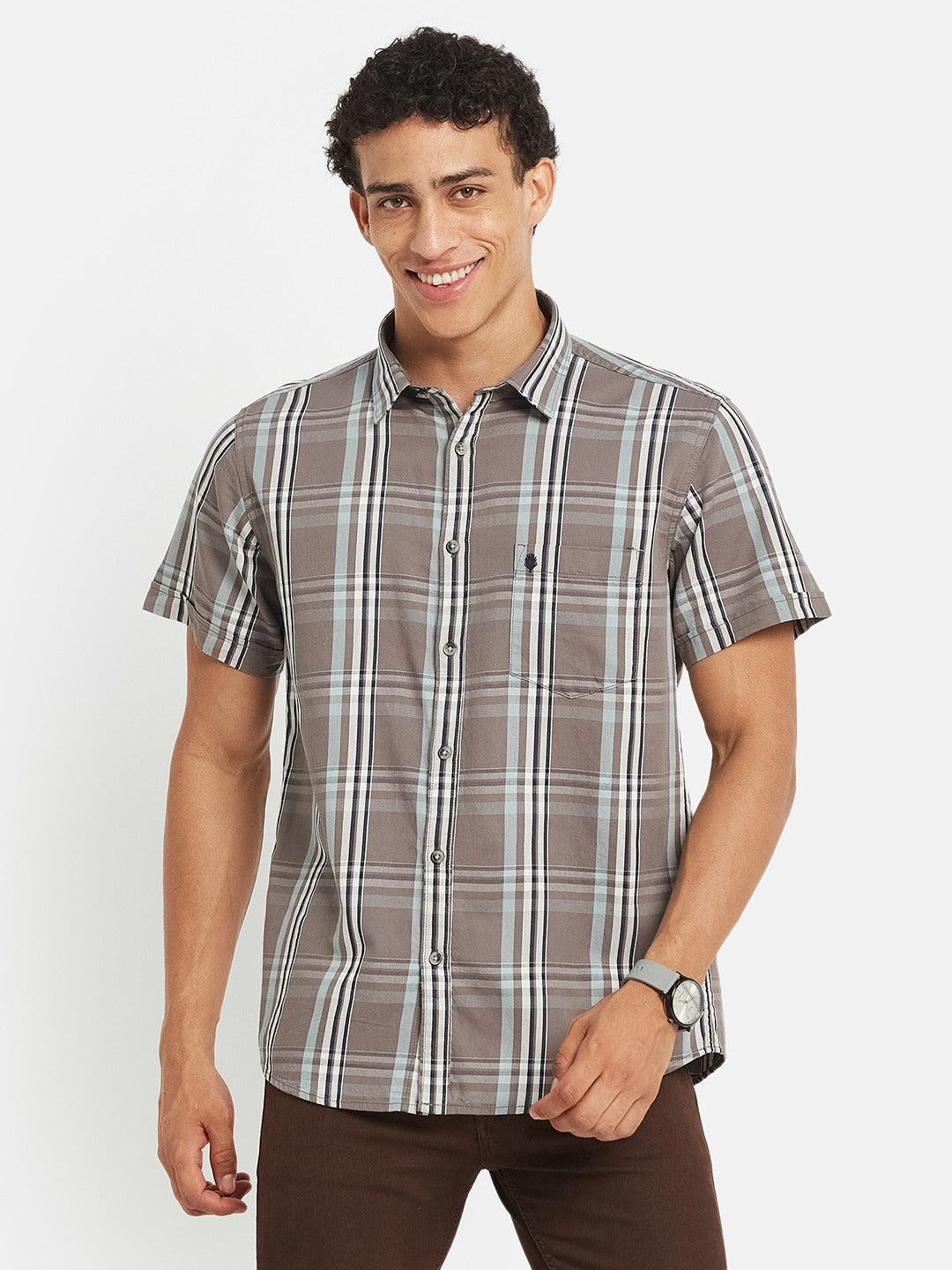 METTLE Men Tartan Checked Spread Collar Cotton Casual Shirt
