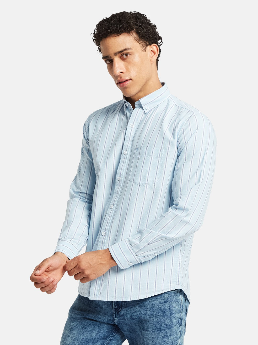 METTLE Striped Long Sleeves Spread Collar Cotton Opaque Regular Fit Casual Shirt