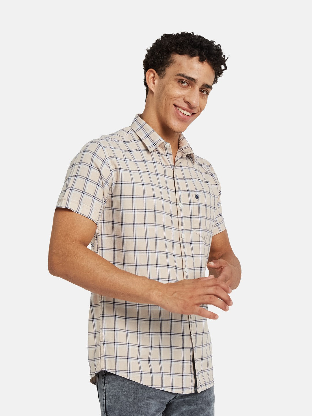 METTLE Checked Short Sleeves Spread Collar Cotton Opaque Regular Fit Casual Shirt