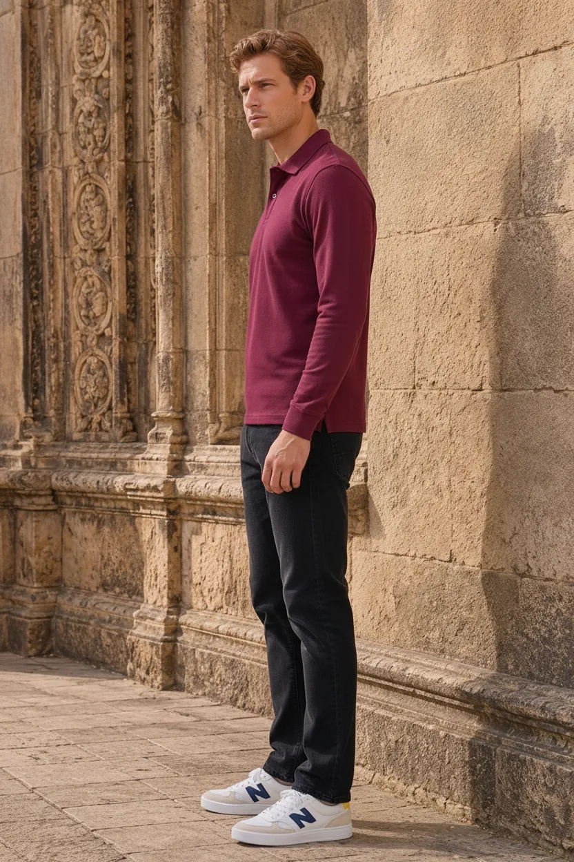Men’s Merlot Pique Lycra Polo Neck Full-Sleeve Winter T-Shirt
