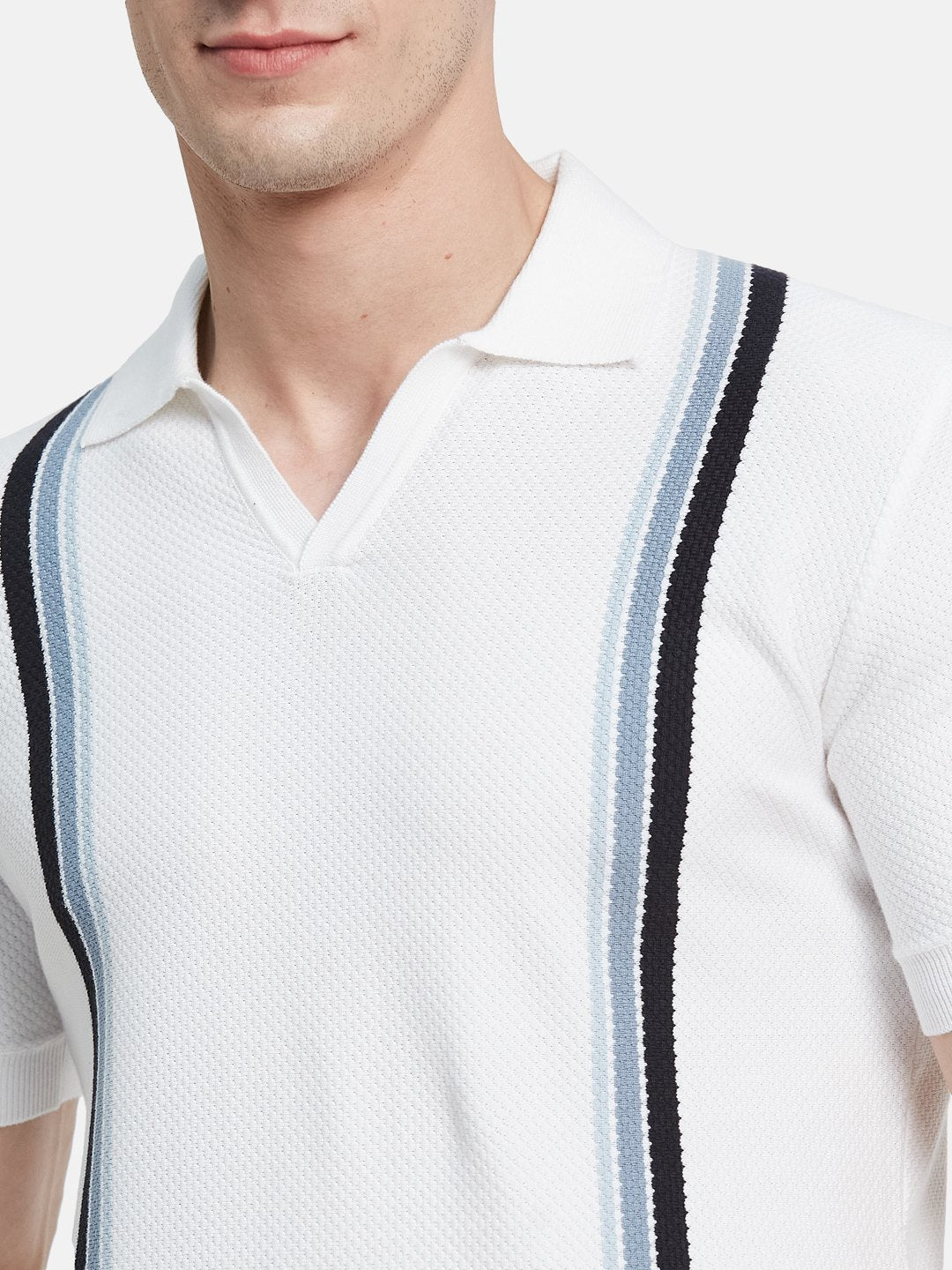 METTLE Men Striped Polo Collar Cotton T-shirt