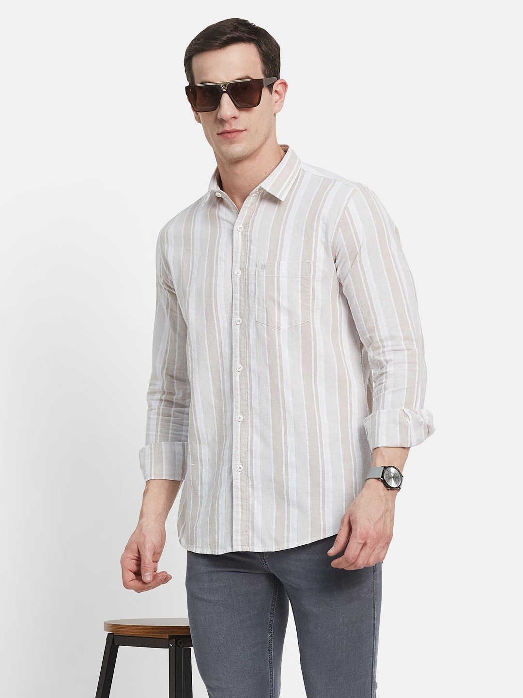 METTLE Men Spread Collar Vertical Striped Cotton Casual Shirt