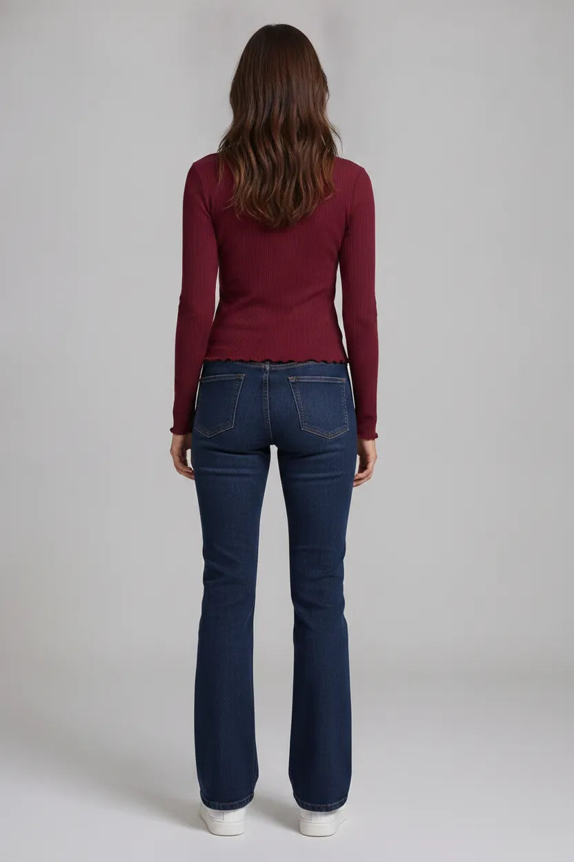 Women’s Wine Rib-Knit Viscose Round-Neck Full-Sleeve Winter Top