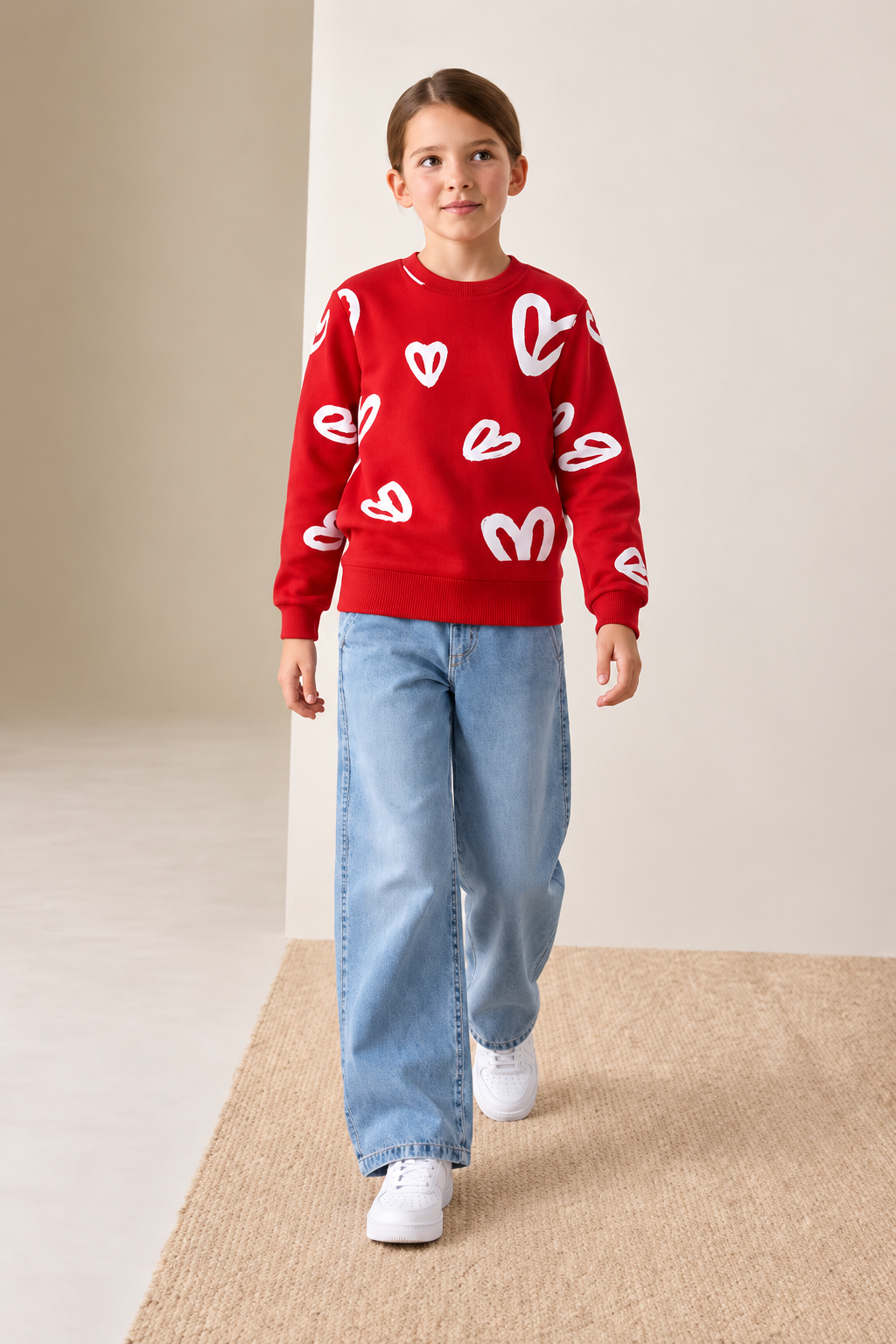 Junior Girls Brick Heart Print Brushed Cotton Fleece Sweatshirt – Regular Fit