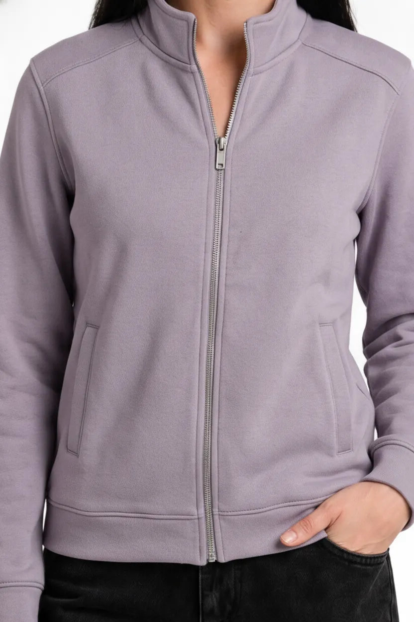 Women Levender Milange Cotton Blended German Velvet Full Zip | Standing Collar Winter Sweatshirt