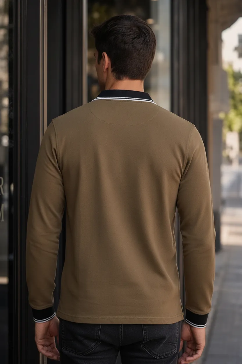 Men’s Tan Full Sleeve Polo T-Shirt | Cotton Blend Lycra Stretch