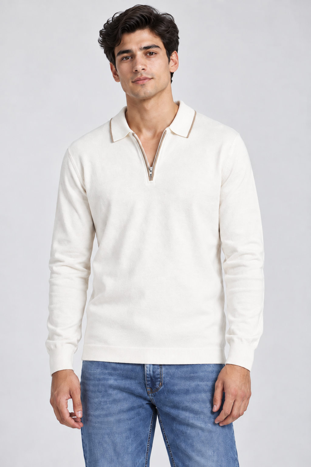 Men’s Regular Fit Knitted Quarter-Zip Sweater – Off White