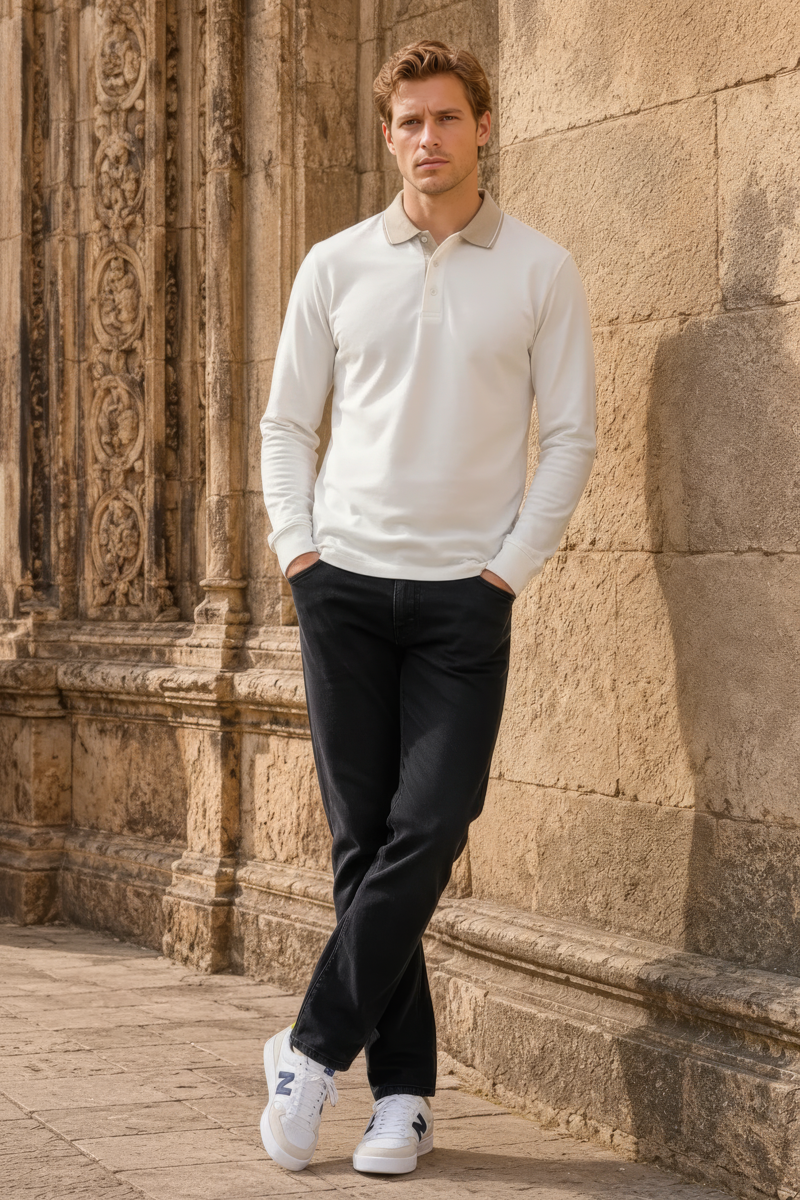 Men’s OFF WHITE Full Sleeve Polo T-Shirt – Cotton Blend Lycra Stretch | Contrast Collar