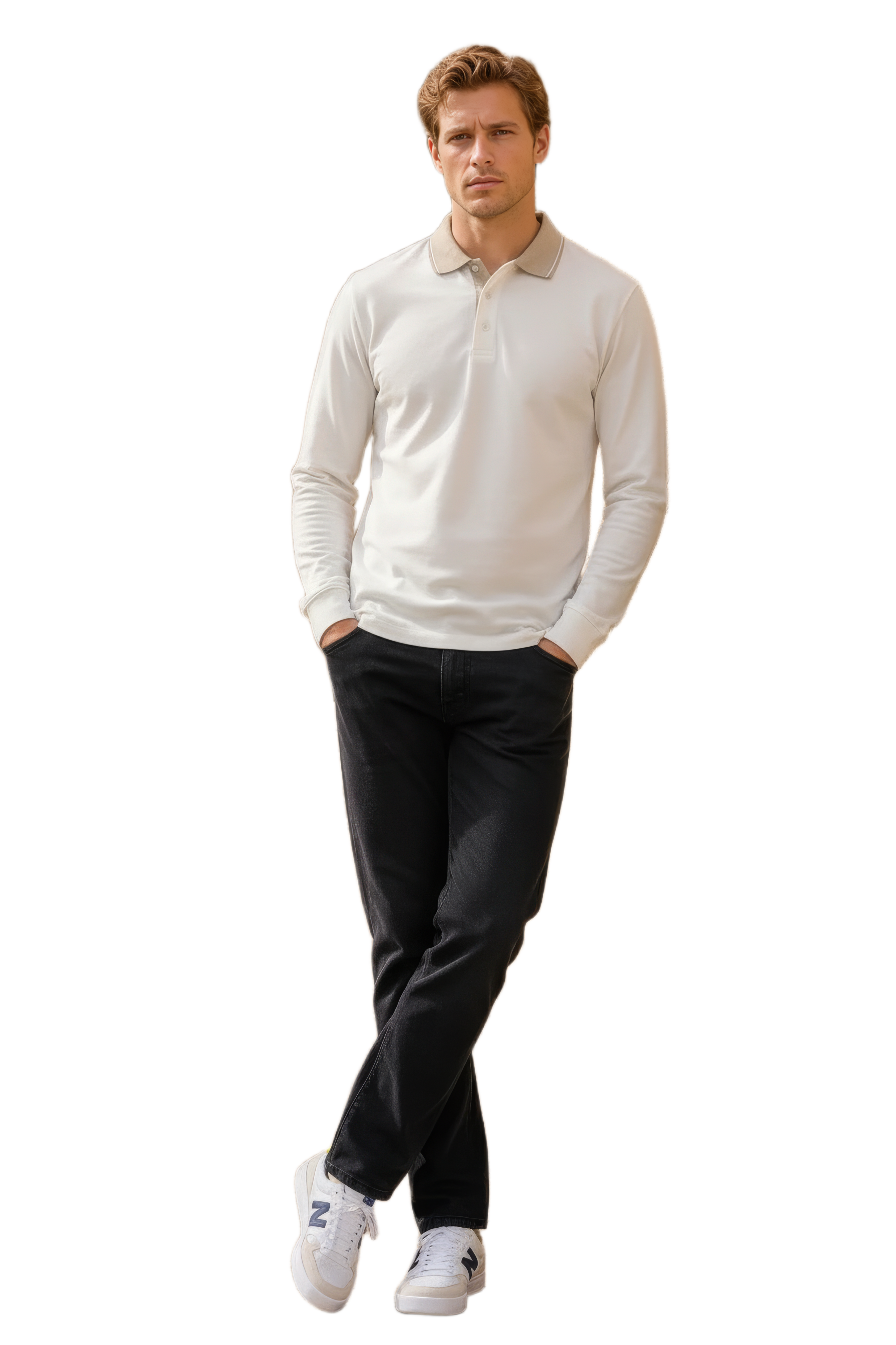 Men’s OFF WHITE Full Sleeve Polo T-Shirt – Cotton Blend Lycra Stretch | Contrast Collar