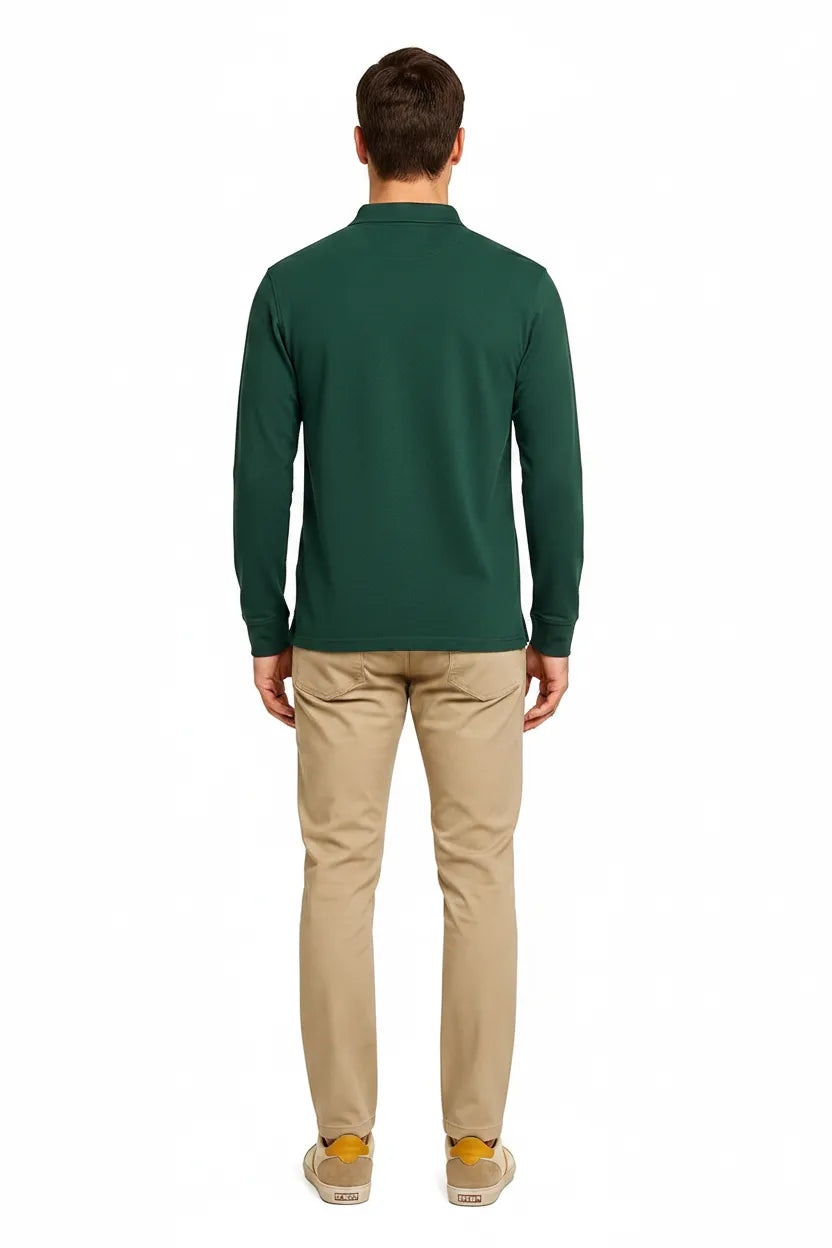 Men's Hunter Green Full Sleeve Cotton Pique Polo T-Shirt | Premium Pre-Winter Casual Polo