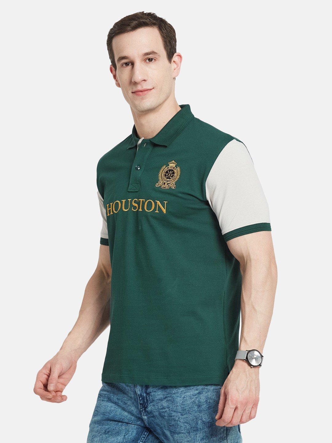 CHEST PRINT POLO NECK EMBROIDED APPLIQUE PIQUE LYCRA T-SHIRT