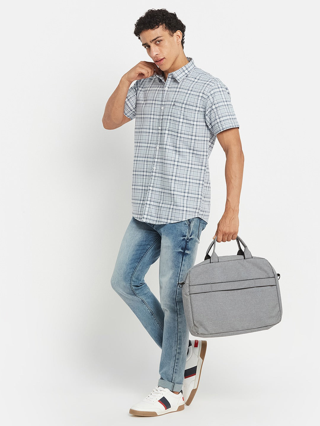 METTLE SS25 Checked Cotton Spread Collar Casual Shirt