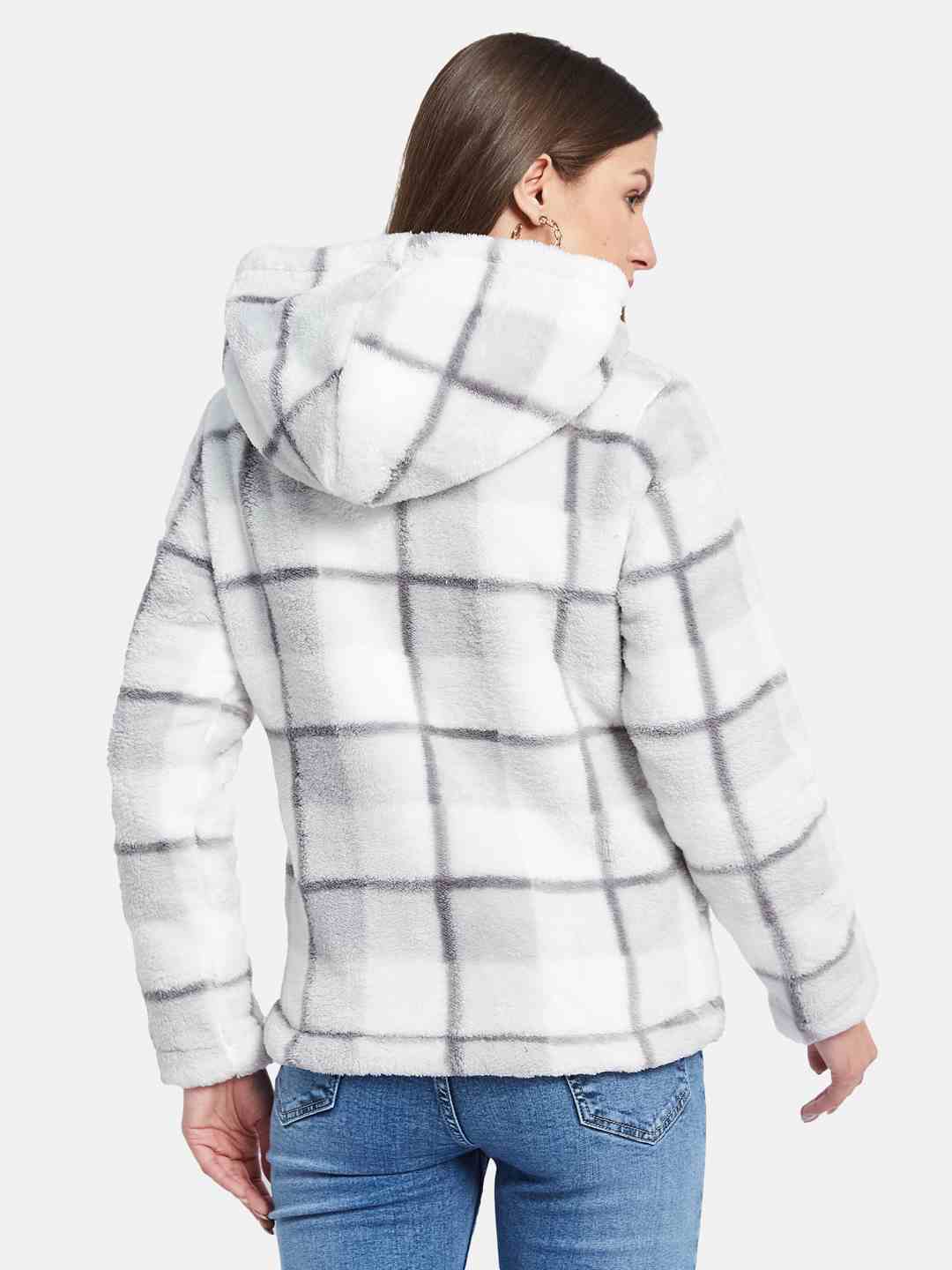 METTLE Women Checked Hooded Sweatshirt