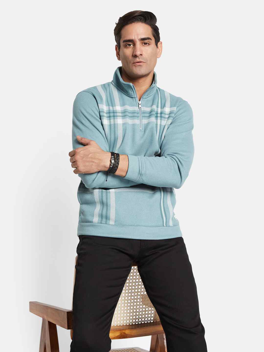 Octave Men Striped Mandarin Collar Pullover Sweatshirt