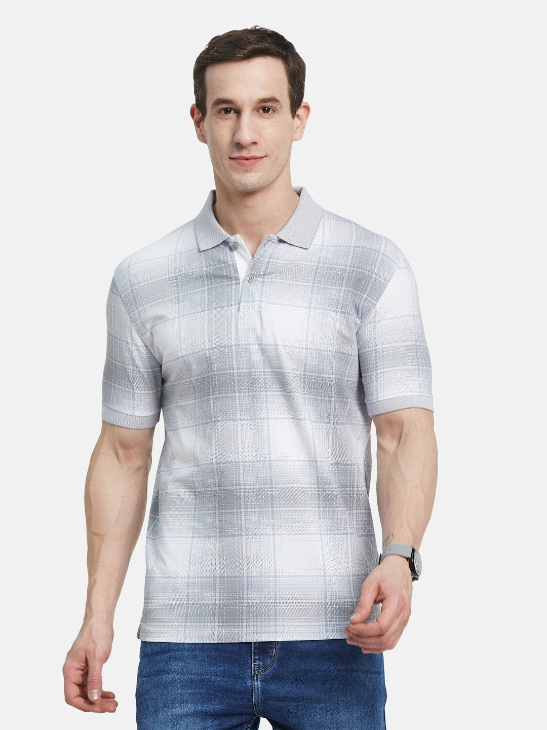 AOP CHECK PRINT POLO NECK SINGLE JERSEY KNIT T-SHIRT