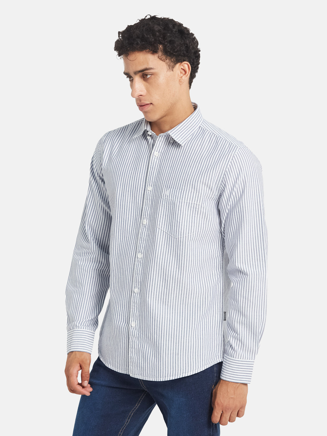 METTLE Men Vertical Striped Button-Down Collar Cotton Casual Shirt
