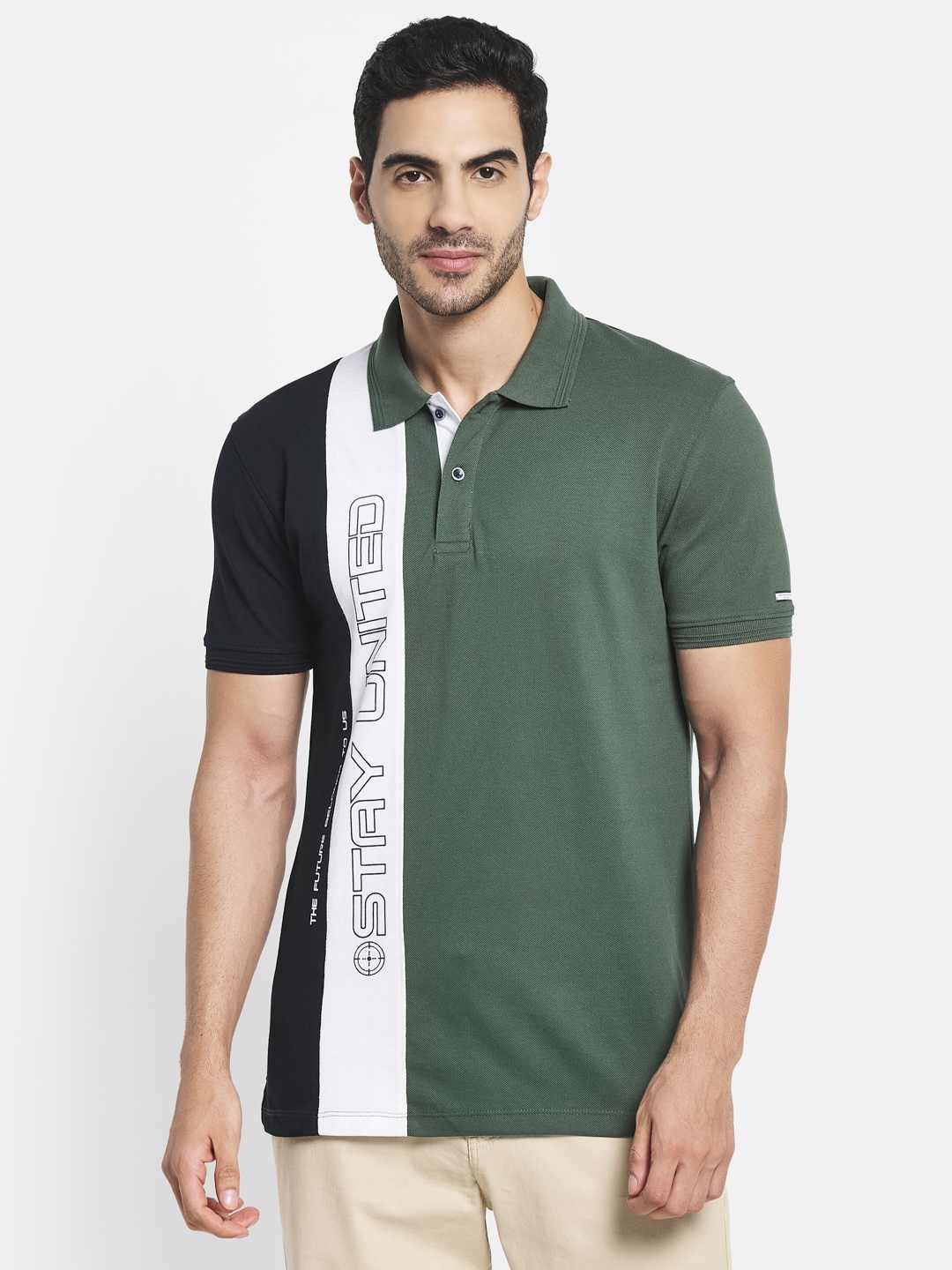 Octave Men Olive Green Colourblocked Polo Collar Applique T-Shirt