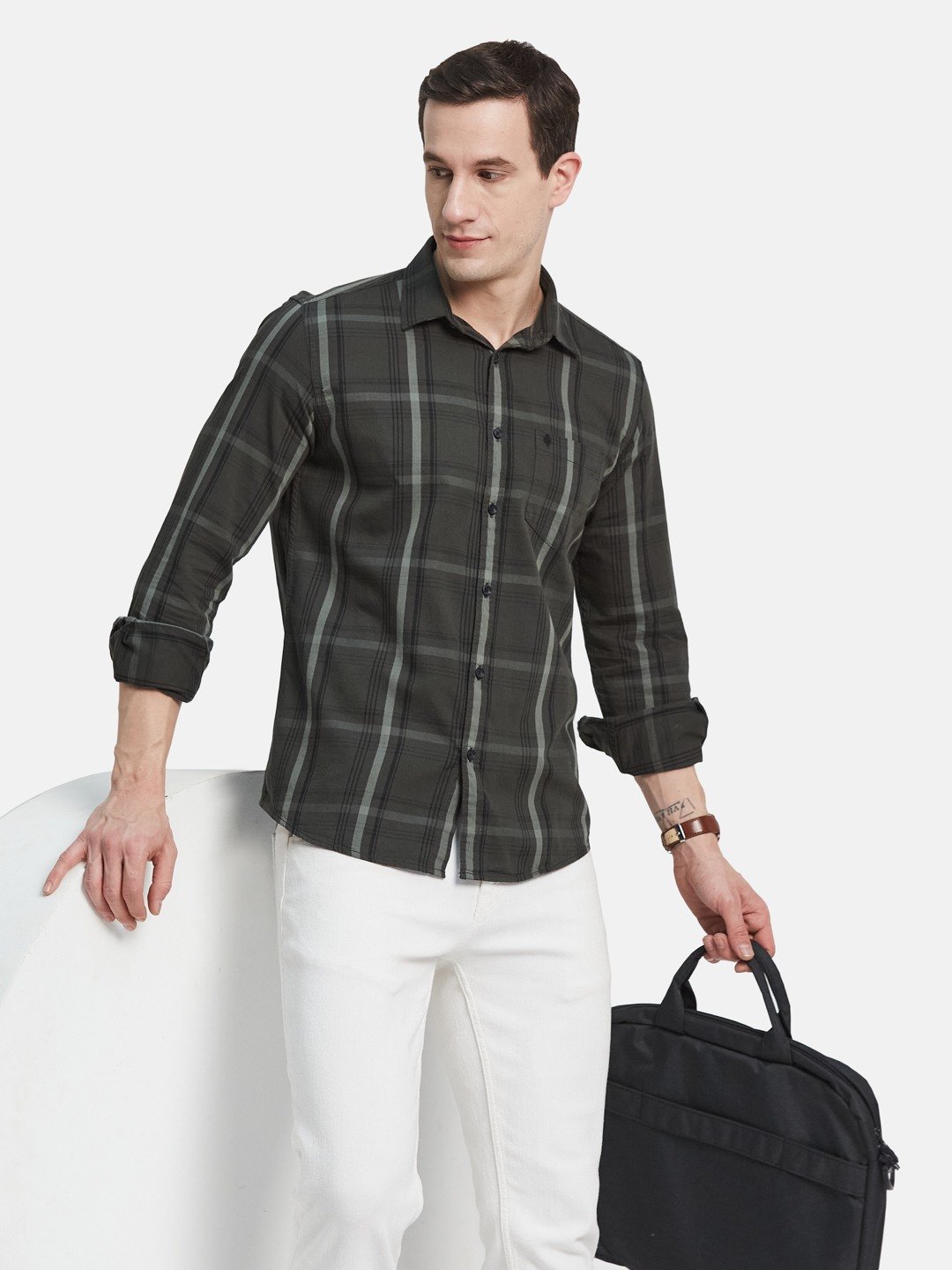 METTLE Men Spread Collar Tartan Checked Cotton Casual Shirt