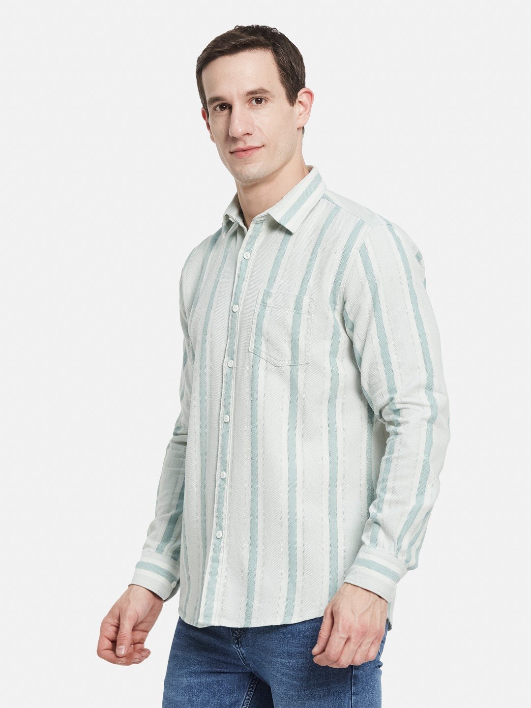 METTLE Men Spread Collar Vertical Striped Cotton Casual Shirt