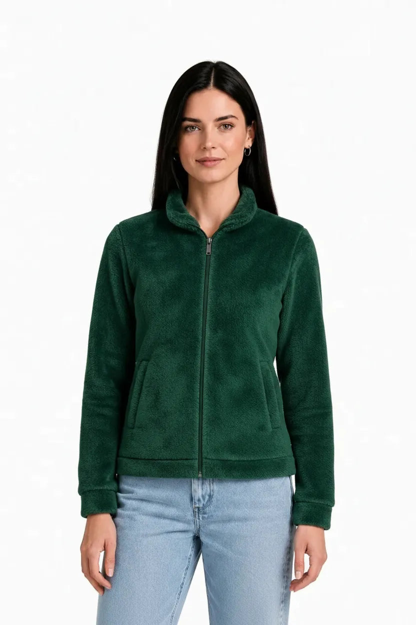 Women Hunter Green Double Sided Coral Fur Full Zip | Soft Winter Sweatshirt