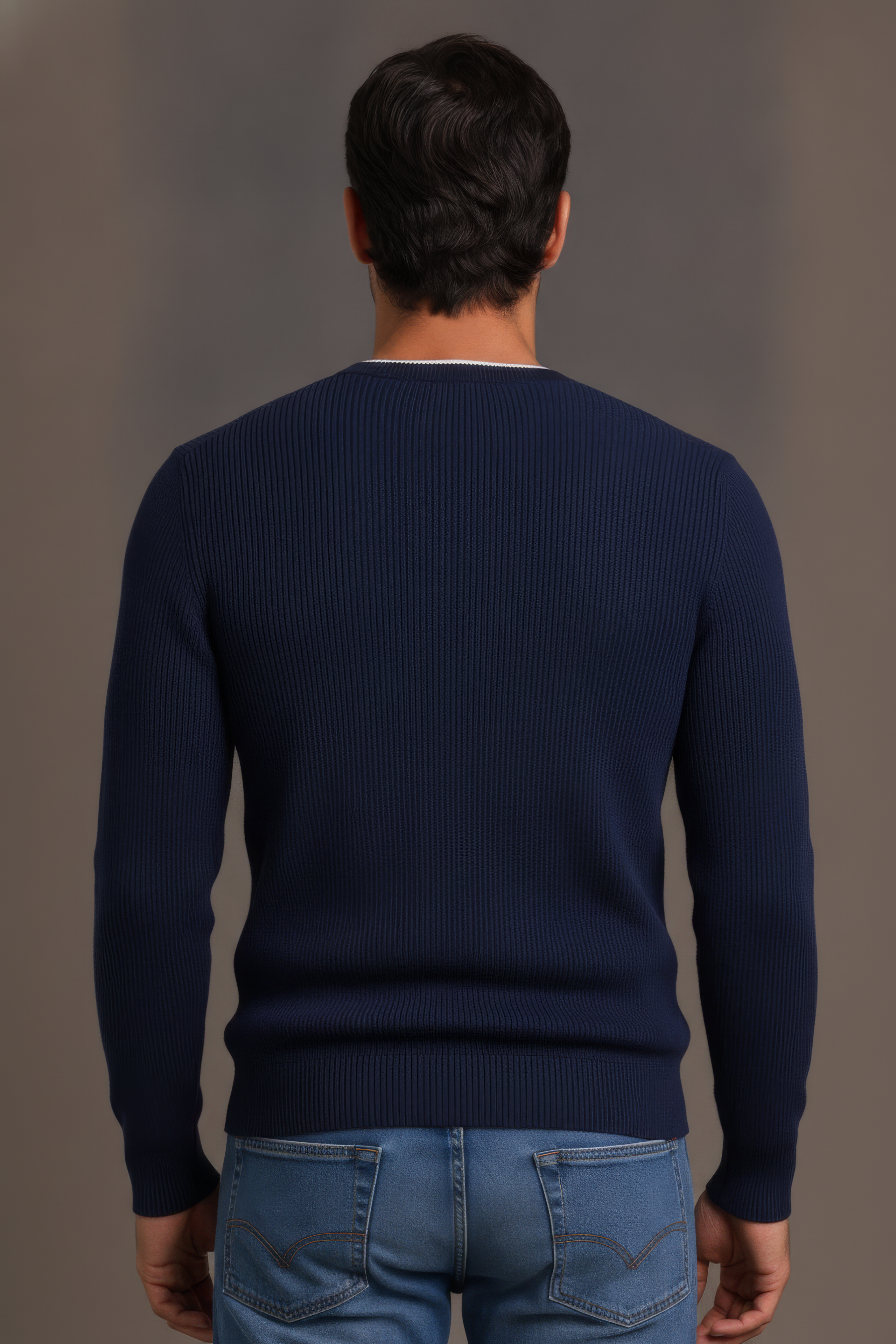 Men’s Navy Structured Cotton Round-Neck Full-Sleeve Winter Top