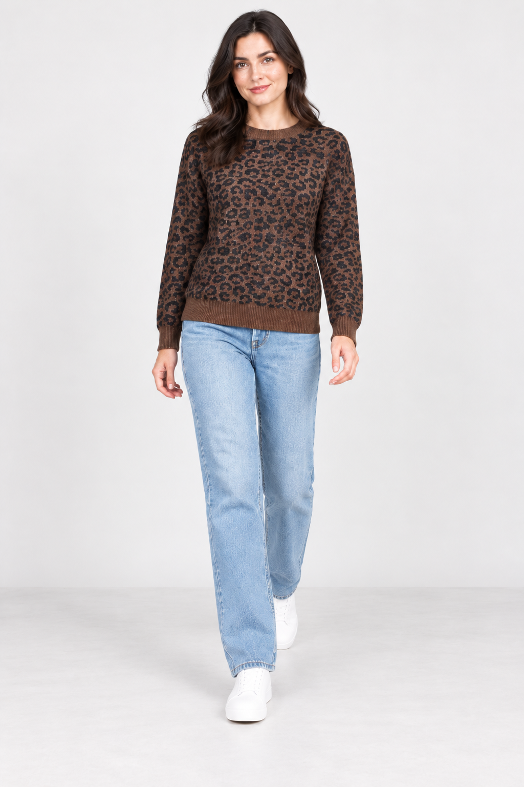 Women’s Coffee Knitted Wool Animal Print Sweater – Regular Fit Crew Neck