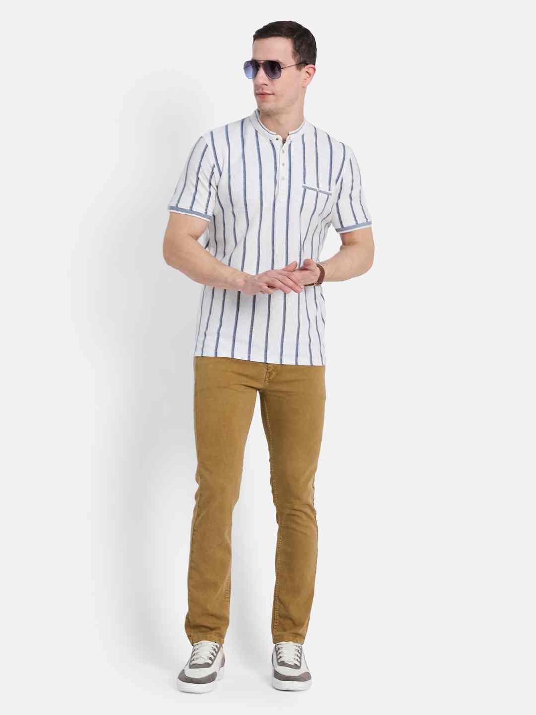 Octave Men Striped Mandarin Collar T-shirt