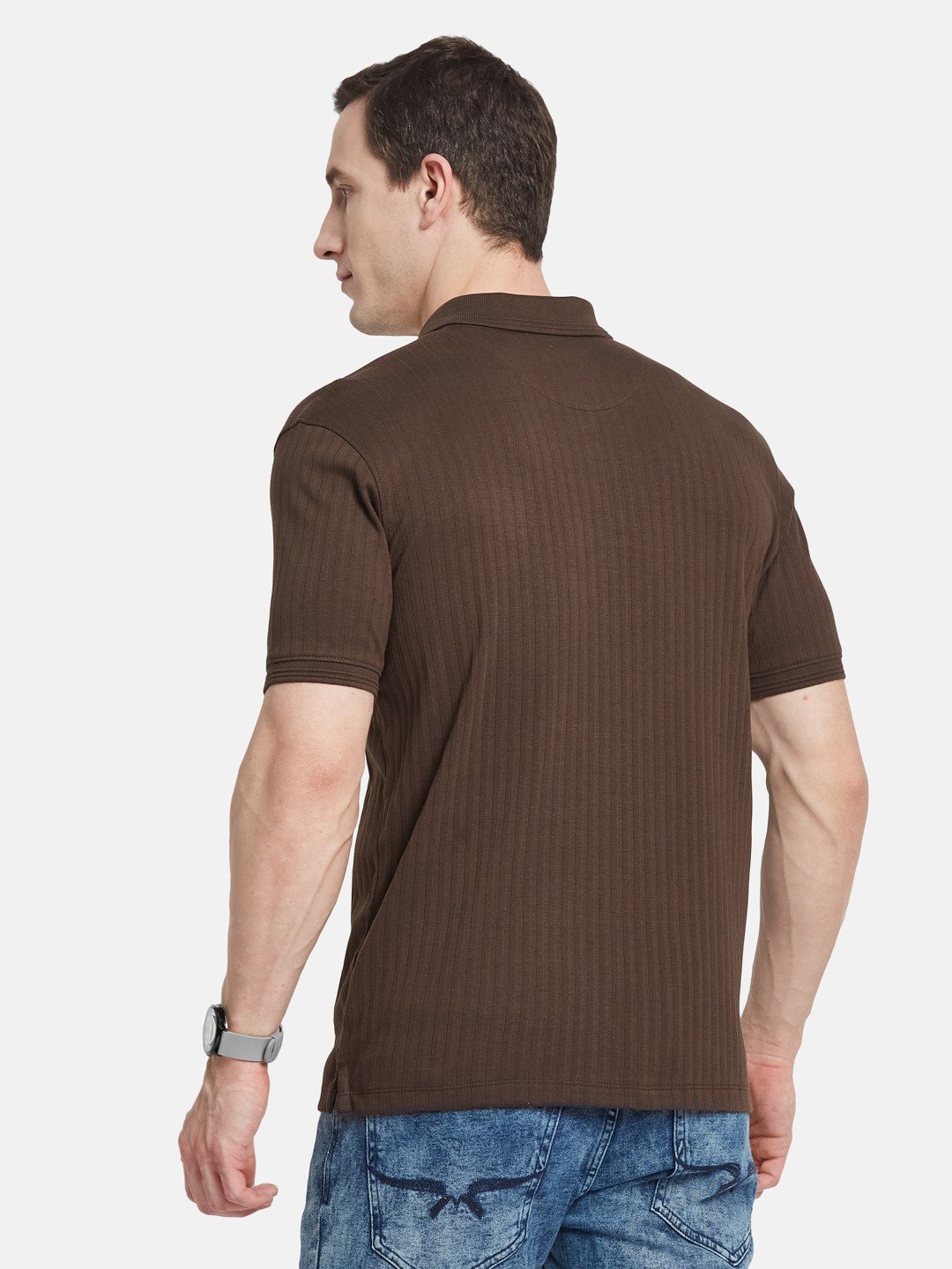 VERTICAL STRIPE POLO NECK RIB STRUCTURE T-SHIRT