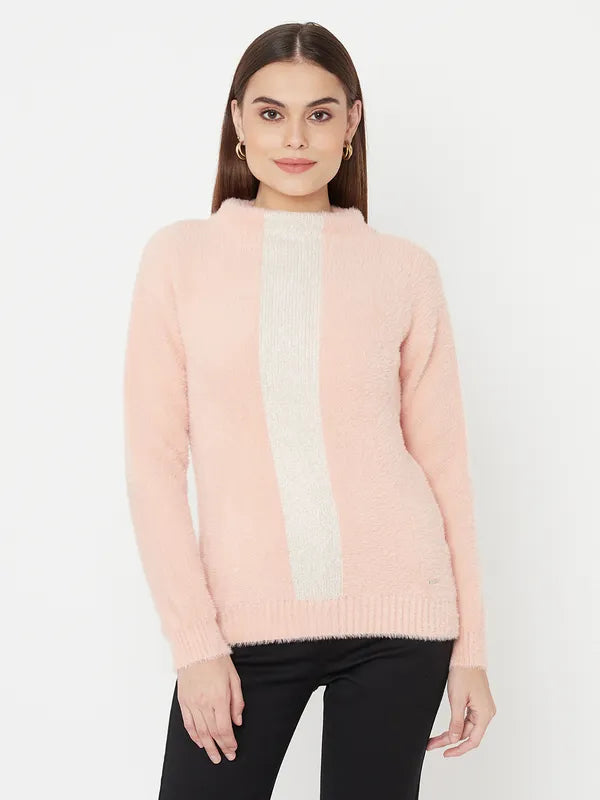 Pink White Colourblocked Fur Full Sleeve Pullover Sweater