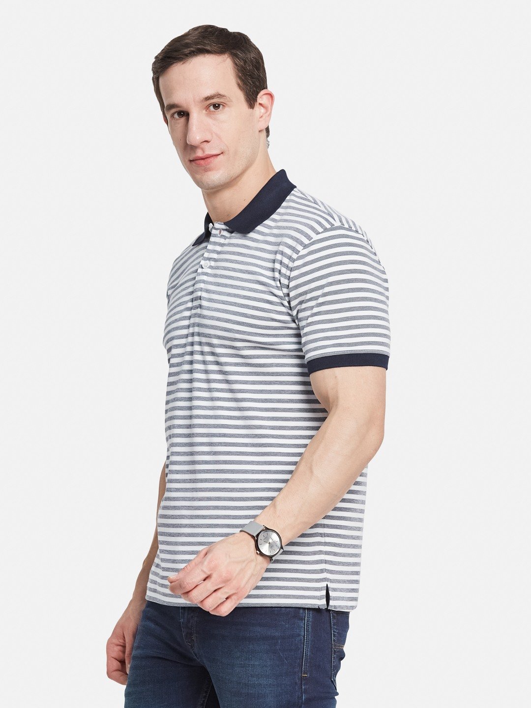 Octave Men Striped Polo Collar Monochrome T-shirt