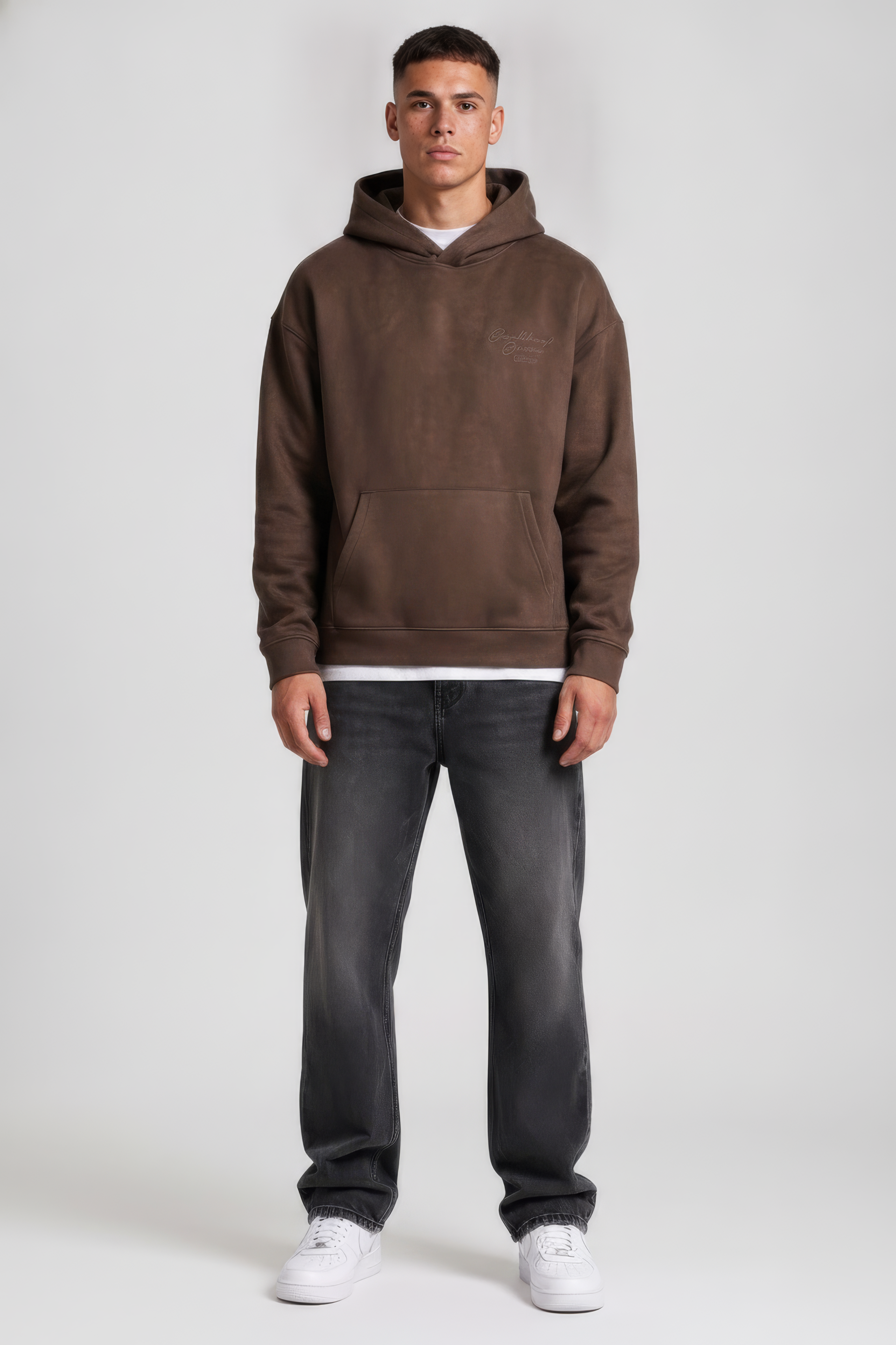 Men’s Espresso Hooded Sweatshirt in Knit Suede Fabric | Kangaroo Pocket
