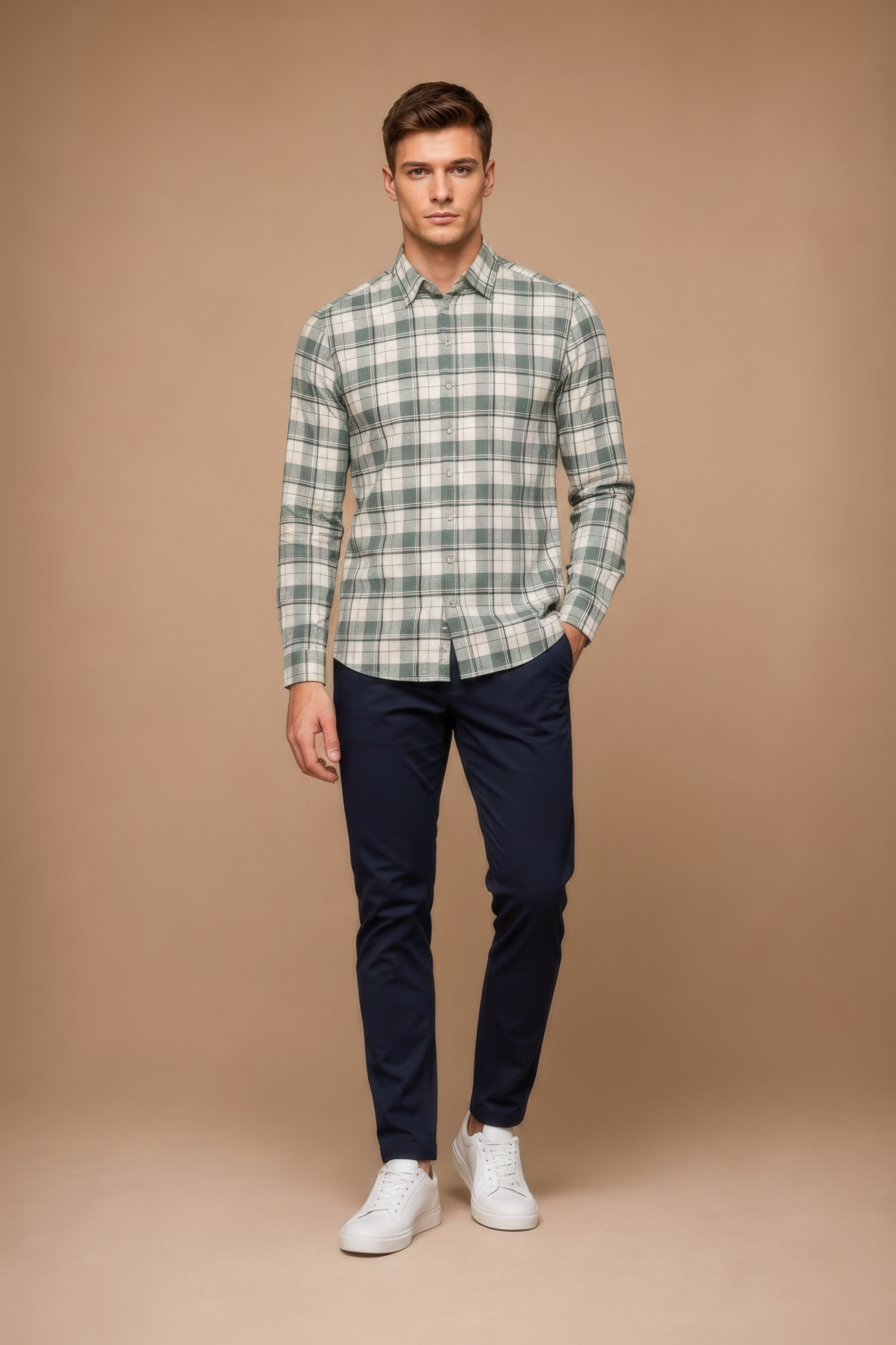 Men’s Fern Green Check Oxford Cotton Full-Sleeve Shirt