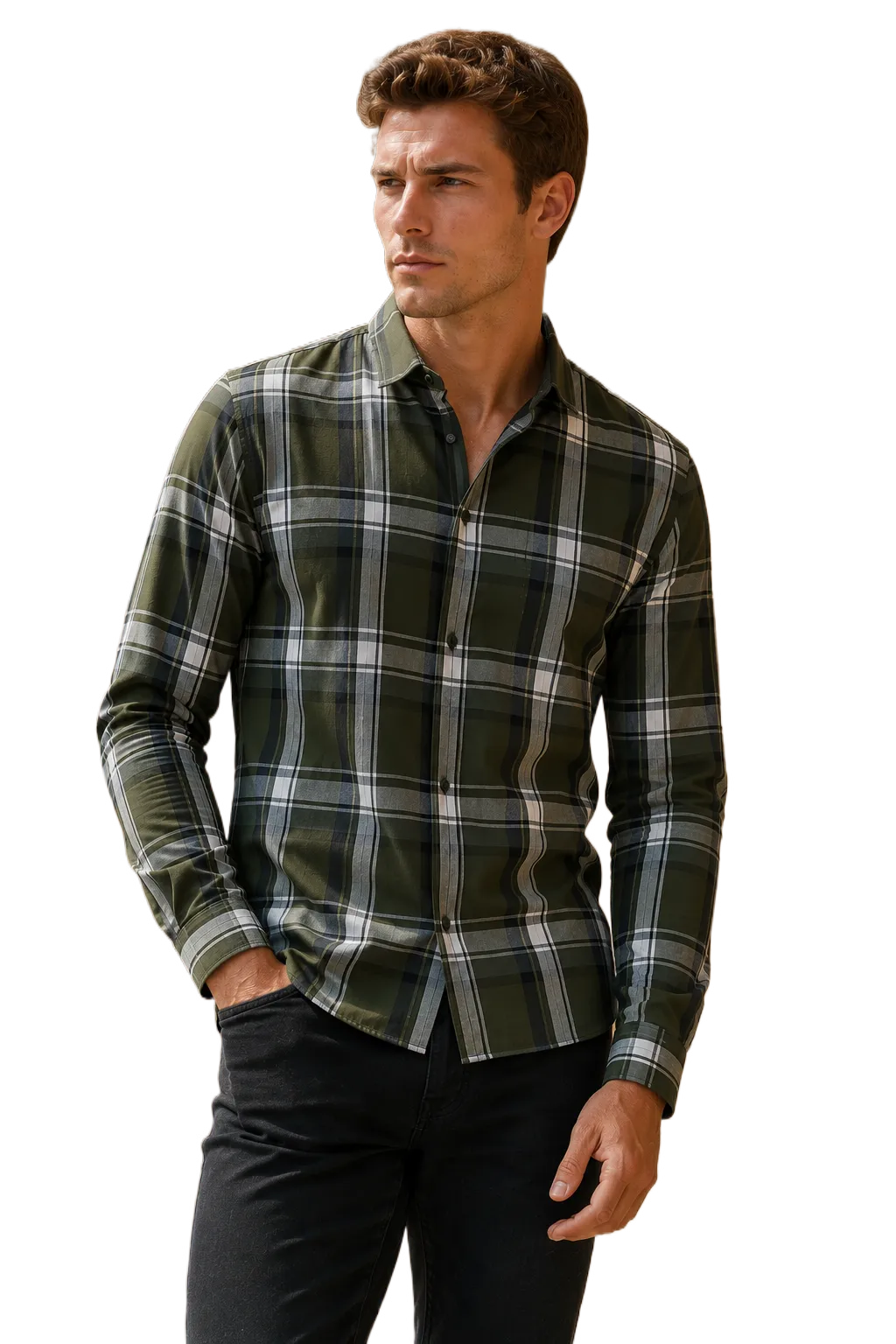 Men’s Olive Check Cotton Tencel Shirt